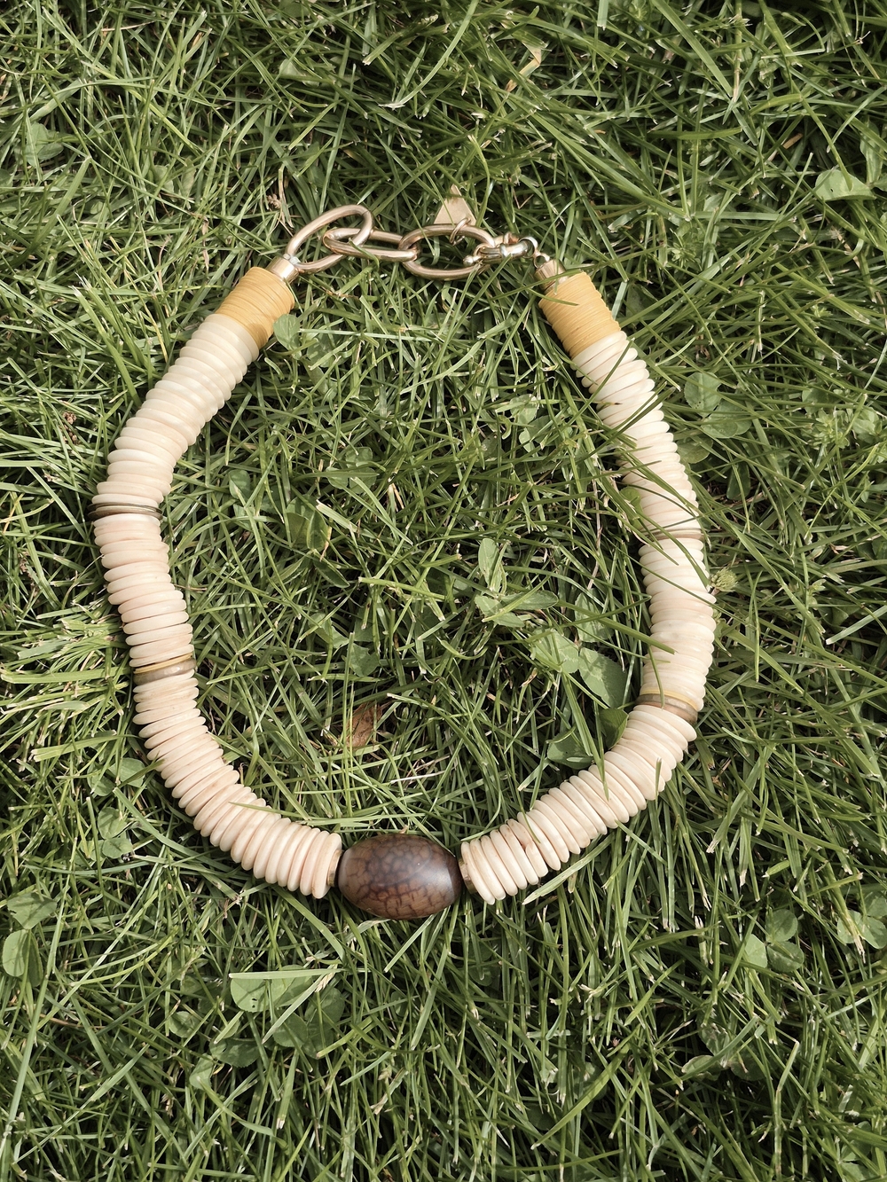 Cream Beaded Choker Necklace with Wooden Accent